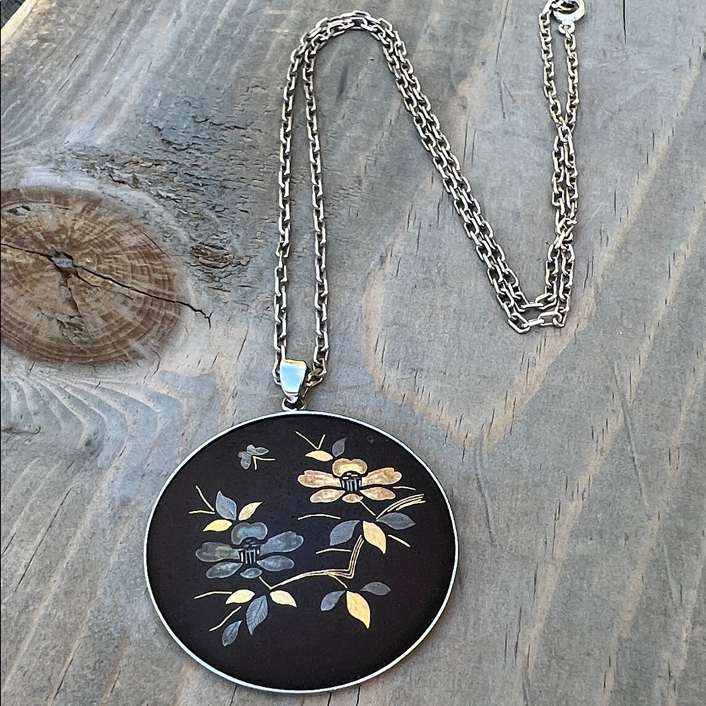Silver Round Pendant with Painted Gold Leaf